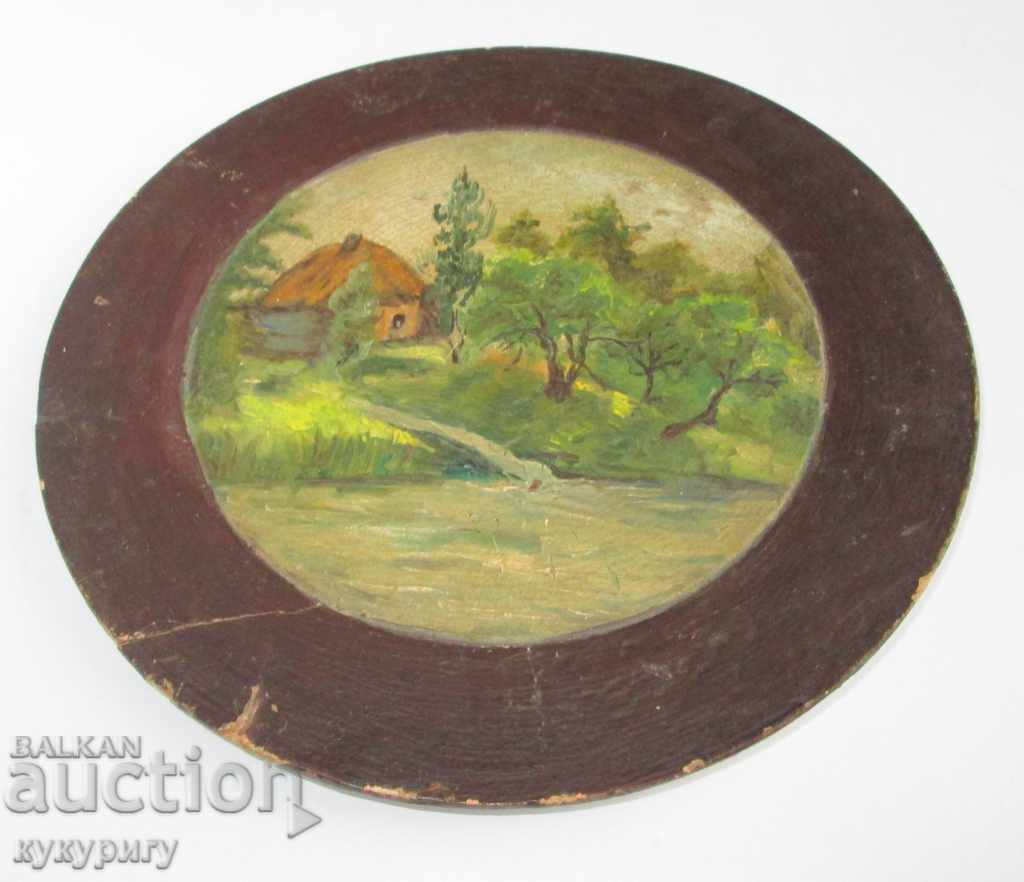 Old drawing painting rural landscape oil on wooden plate - 5 Old drawing painting rural landscape oil on wooden plate - 5