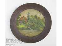 Old drawing picture rural landscape oil on wooden plate