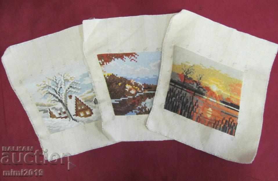 Auction Old 3 pcs. Hand Embroidered Tapestries - Seasons Auction Old 3 pcs. Hand Embroidered Tapestries - Seasons