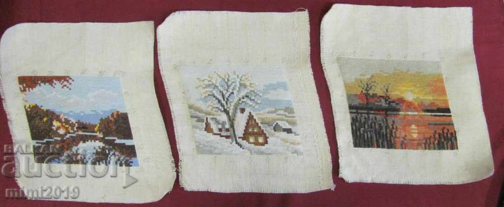 Old 3 pcs. Hand Embroidered Tapestries - Seasons