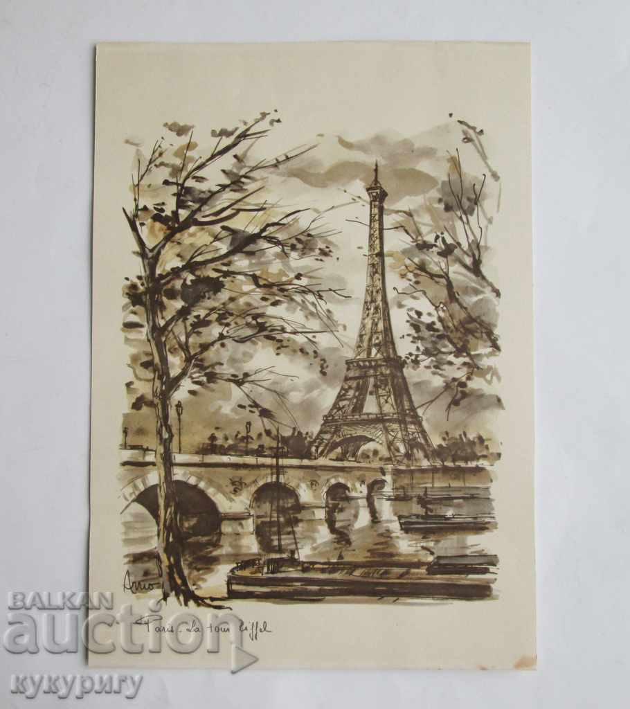 Imagine peisaj litografiat de la Paris semnat