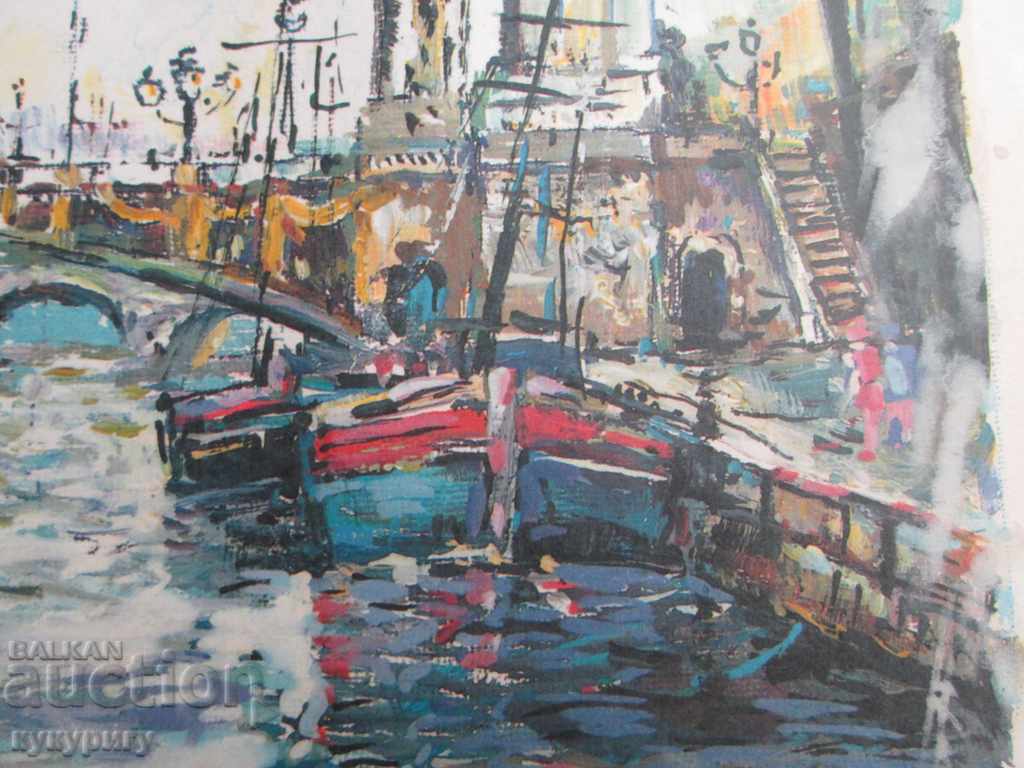 Painting colorful lithography landscape from Paris signed - 5 Painting colorful lithography landscape from Paris signed - 5