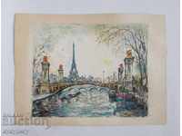 Painting colorful lithography landscape from Paris signed