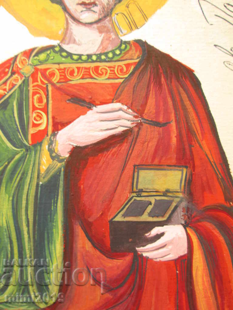 Auction Old painted icon, St. Pantaleimon, cardboard, 18x13cm. Auction Old painted icon, St. Pantaleimon, cardboard, 18x13cm.