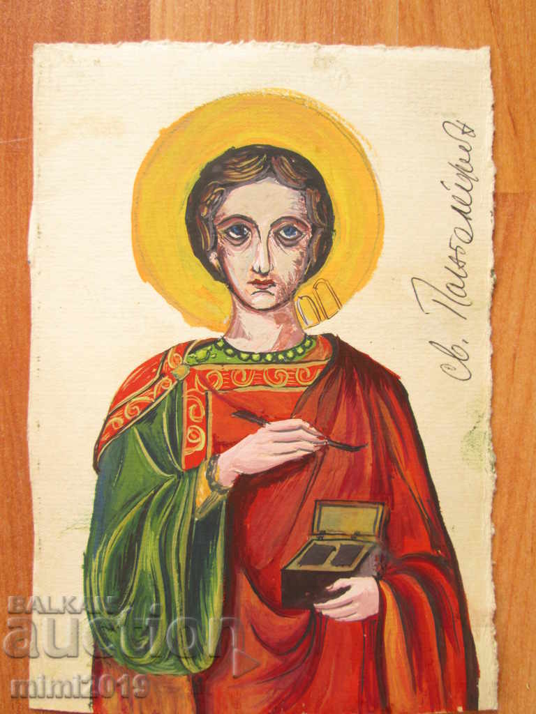 Icoană pictată veche, St. Pantaleimon, carton, 18x13cm.