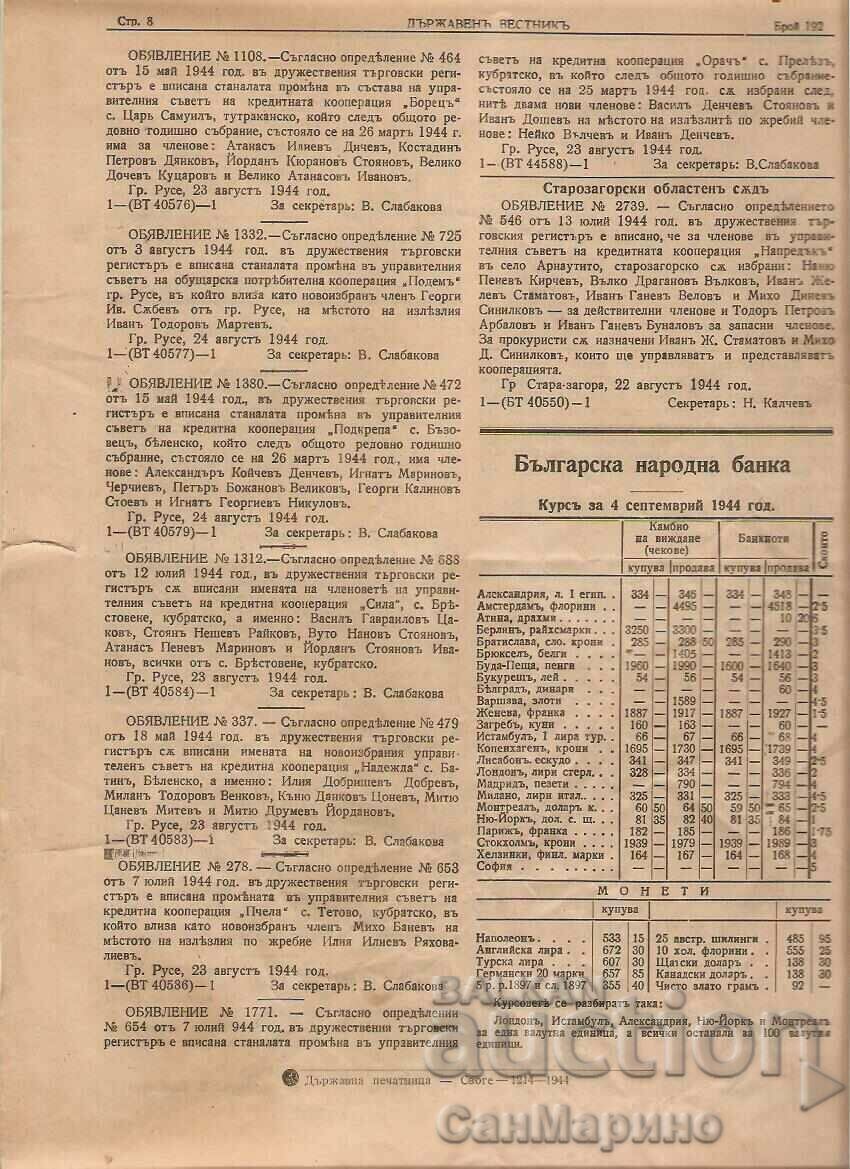 State Gazette No. 192 of September 4, 1944. with price 59.00 BGN | € 30.17 State Gazette No. 192 of September 4, 1944. with price 59.00 BGN | € 30.17