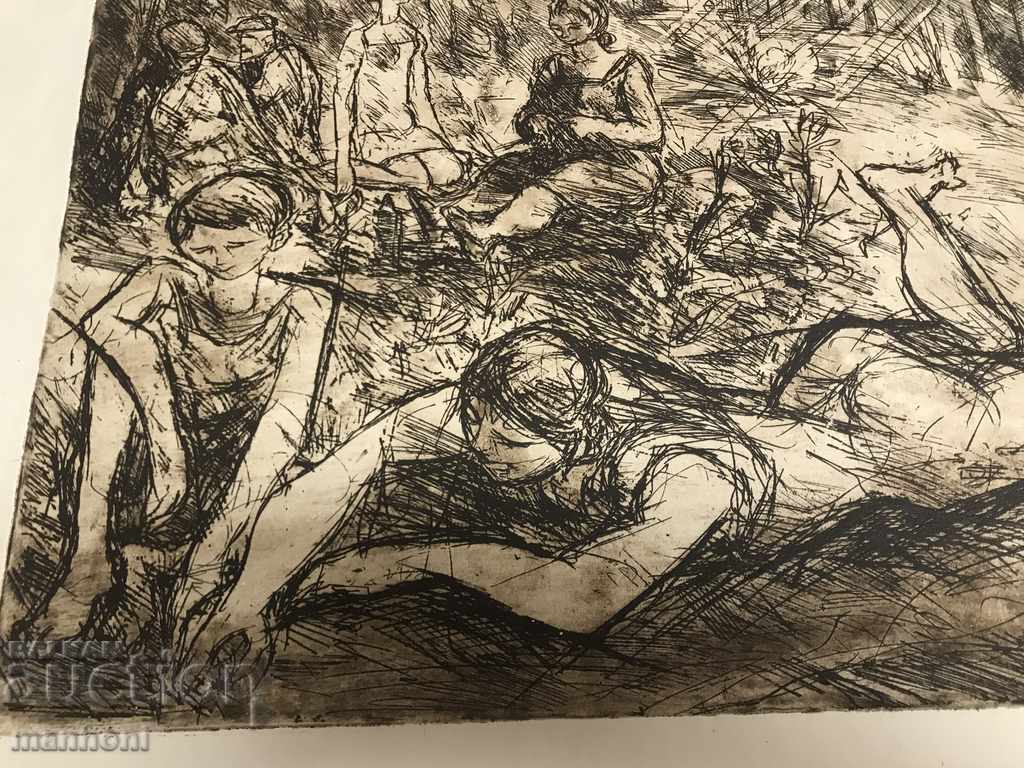1460 Peter Chukhovski Picnic lithograph Size 35 cm / 47 cm with price 140.00 BGN | € 71.58