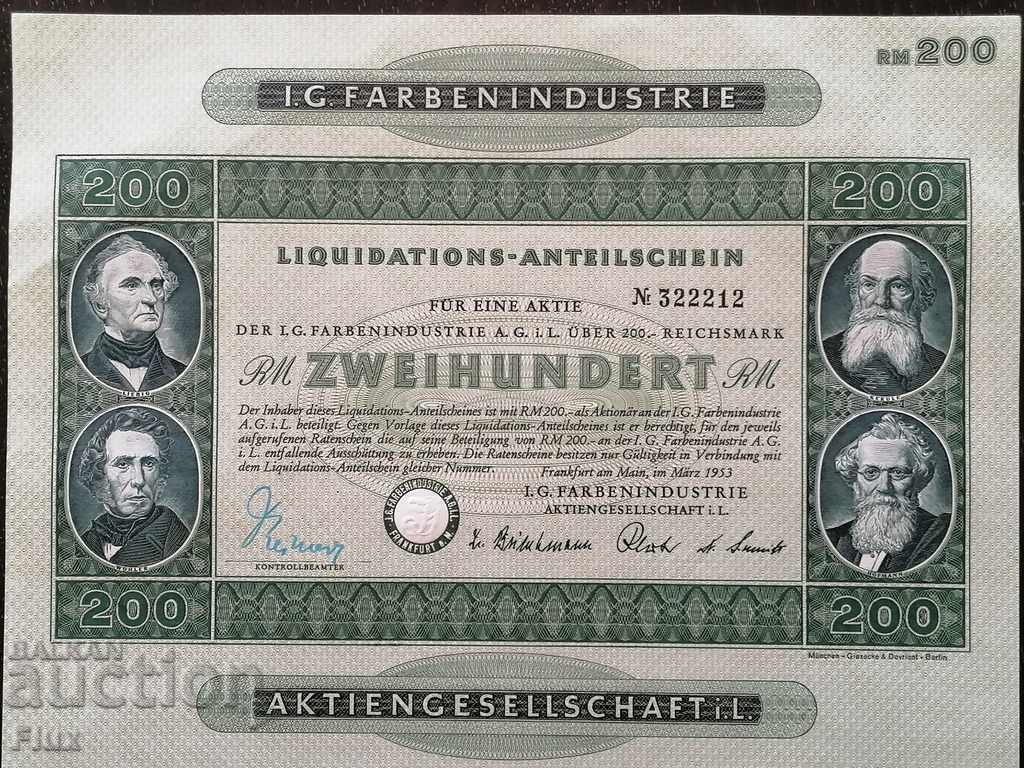 Liquidation share 200 RM | I.G. Farbenindustrie | 1953 with price 25.00 BGN | € 12.78 Liquidation share 200 RM | I.G. Farbenindustrie | 1953 with price 25.00 BGN | € 12.78