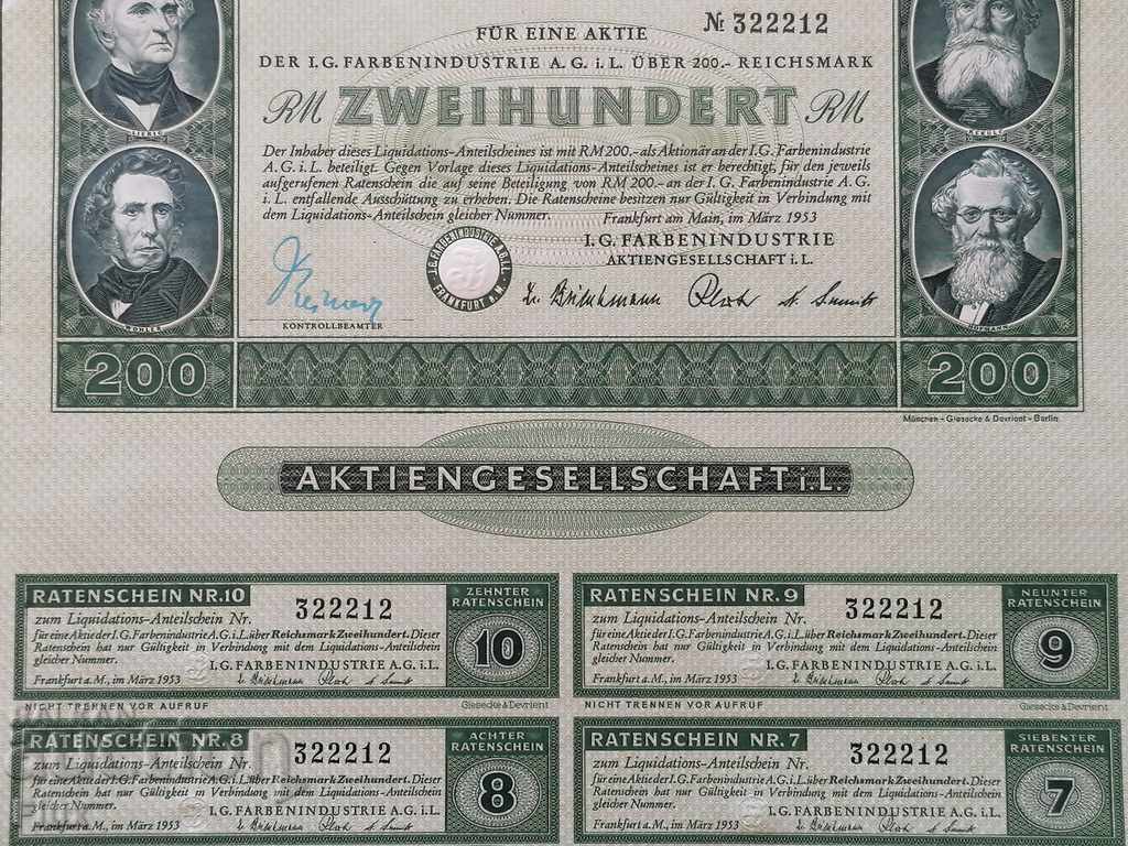Auction Liquidation share 200 RM | I.G. Farbenindustrie | 1953 Auction Liquidation share 200 RM | I.G. Farbenindustrie | 1953