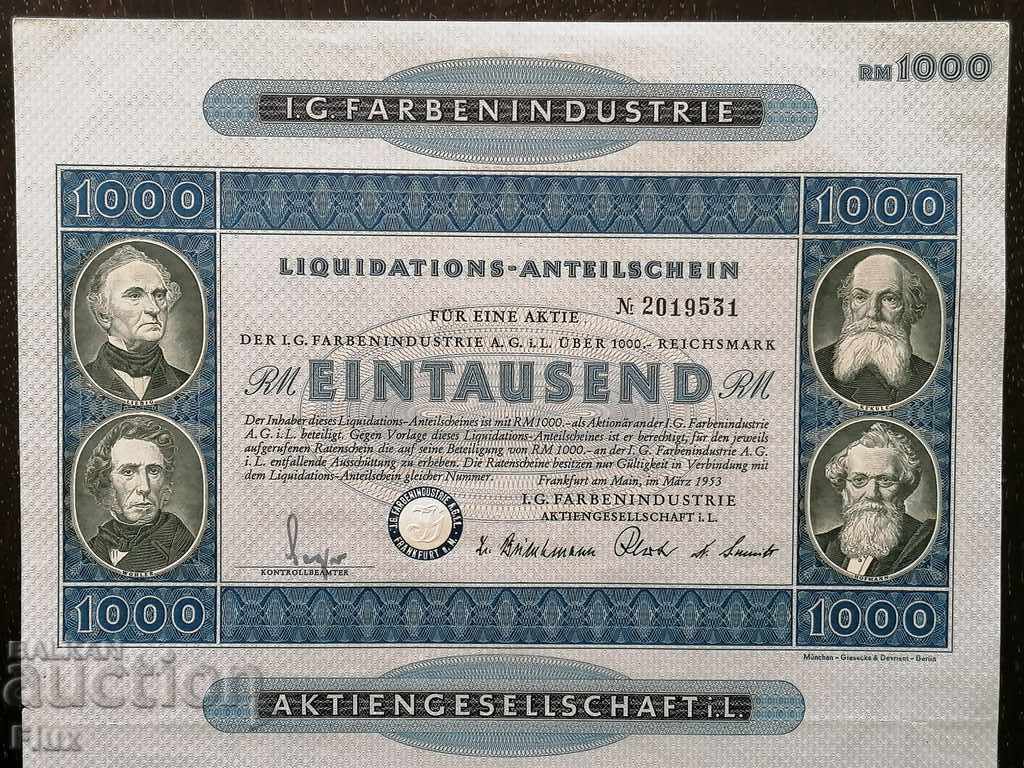 Δημοπρασία Μερίδιο εκκαθάρισης 1000 RM | I.G. Farbenindustrie | 1953