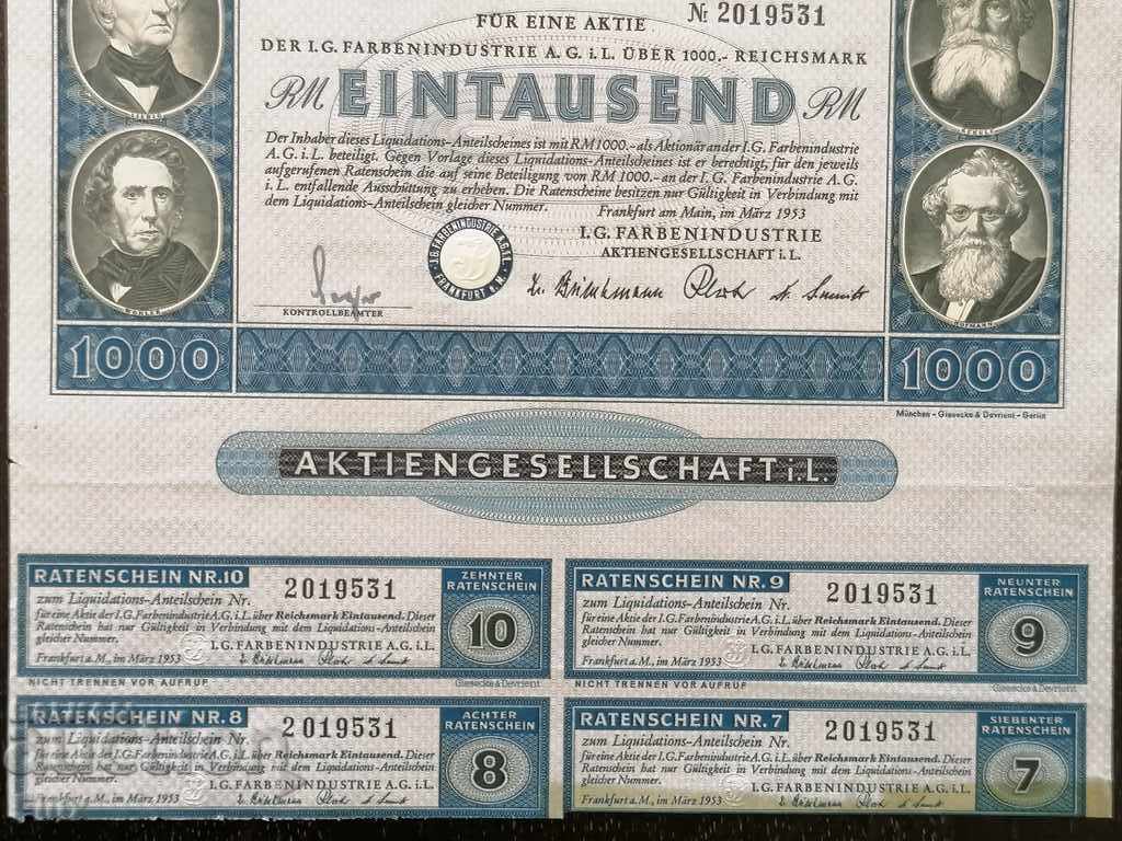 Παράδοση Μερίδιο εκκαθάρισης 1000 RM | I.G. Farbenindustrie | 1953