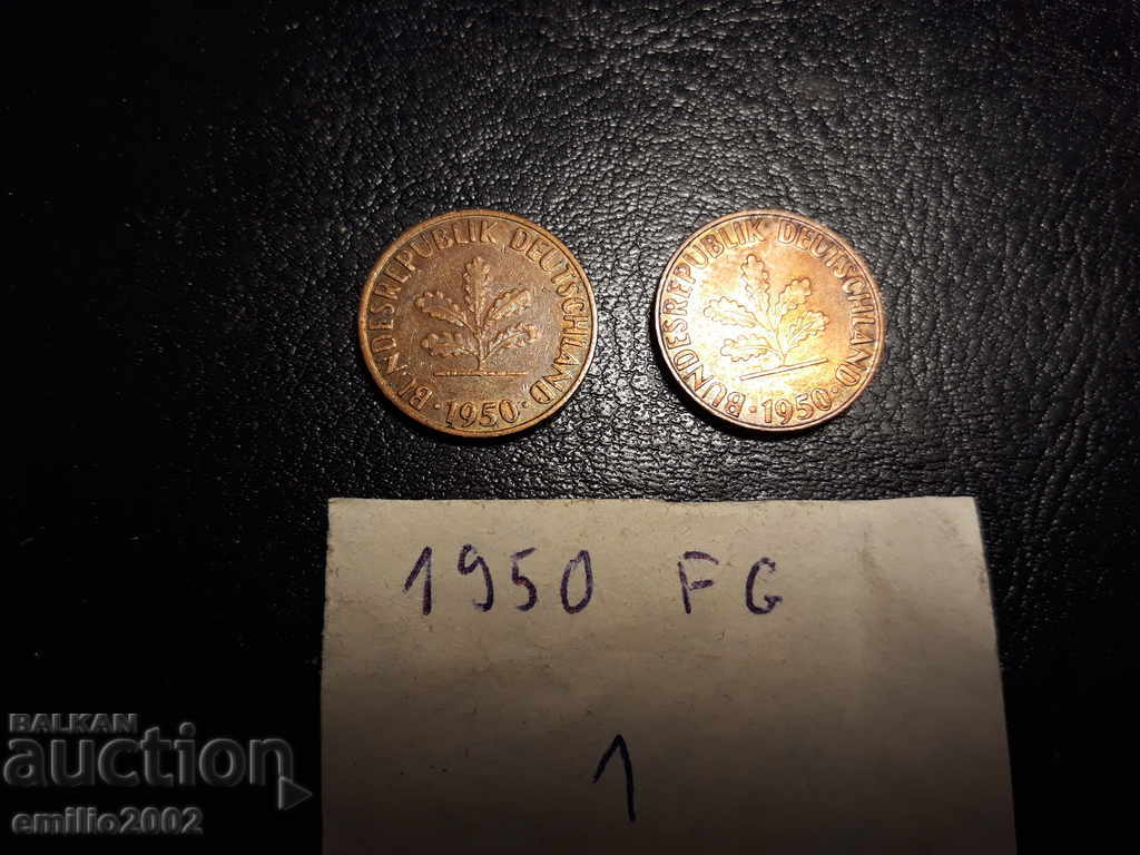 1 pfning lot 2pcs 1950 FG BDR - GFR - Germany with price 0.69 BGN | € 0.35 1 pfning lot 2pcs 1950 FG BDR - GFR - Germany with price 0.69 BGN | € 0.35