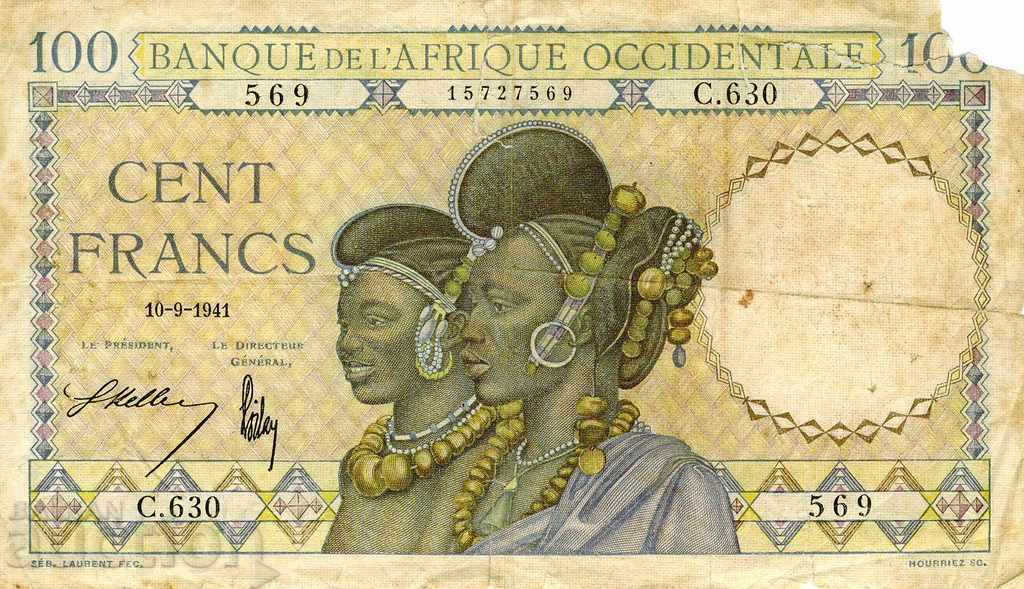 Френска Западна Африка 100франка 1941 P23a.3 рядка банкнота