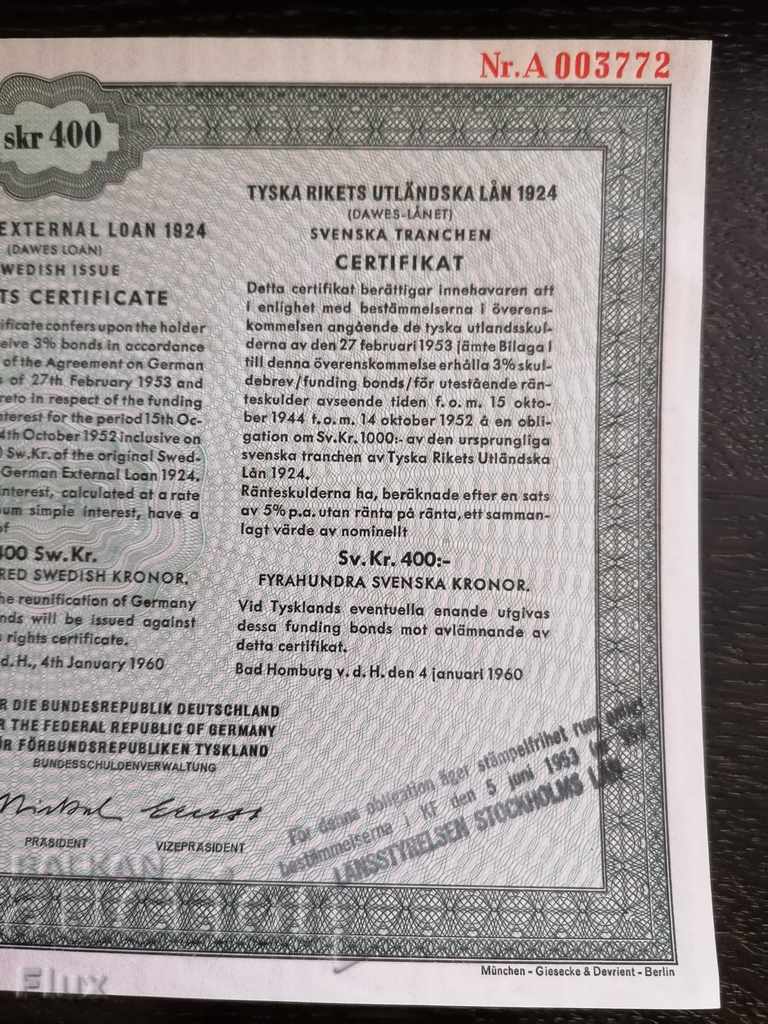 Delivery of Reich bond 20 stamps External debt in crowns 1924 Delivery of Reich bond 20 stamps External debt in crowns 1924