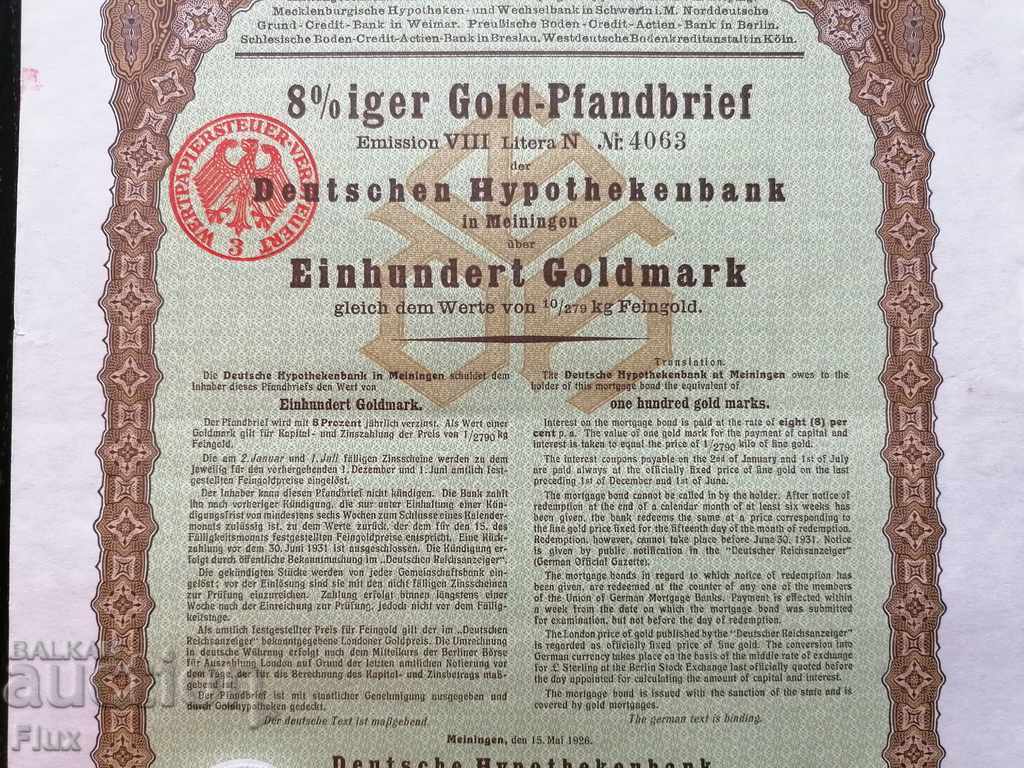Auction Bond 100 Gold Marks Deutschen Hypothekenbank Auction Bond 100 Gold Marks Deutschen Hypothekenbank
