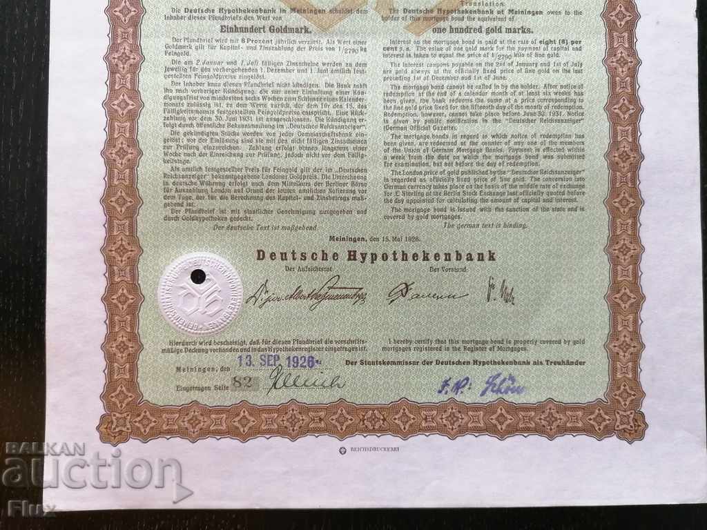 Delivery of Bond 100 Gold Marks Deutschen Hypothekenbank Delivery of Bond 100 Gold Marks Deutschen Hypothekenbank
