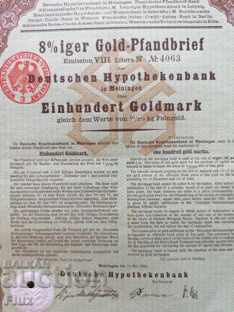 Bond 100 Gold Marks Deutschen Hypothekenbank - 5 Bond 100 Gold Marks Deutschen Hypothekenbank - 5