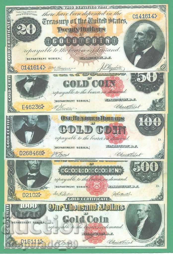 (¯`'•.¸(reproduction) USA 1882 UNC - 5 banknotes¸.•'´¯) (¯`'•.¸(reproduction) USA 1882 UNC - 5 banknotes¸.•'´¯)