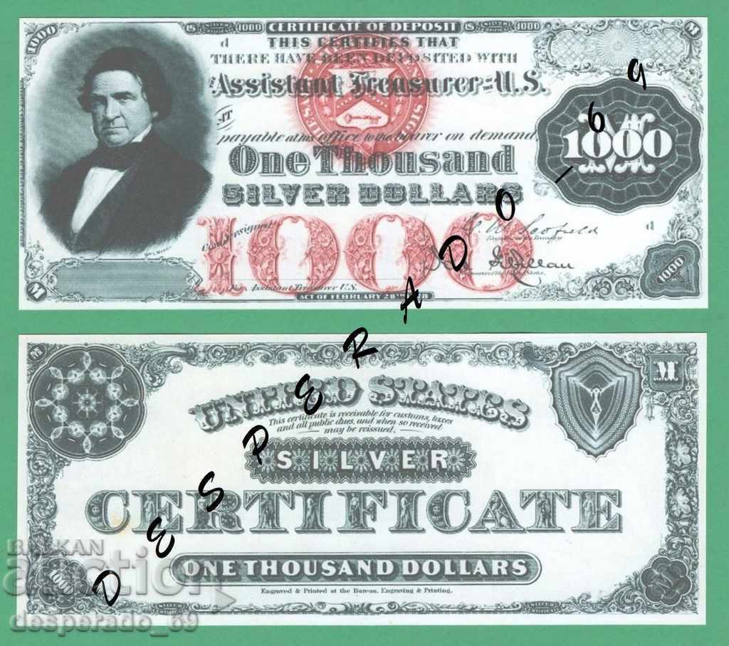 (¯`'•.¸(reproduction) US $1000 1878 UNC¸.•'´¯)