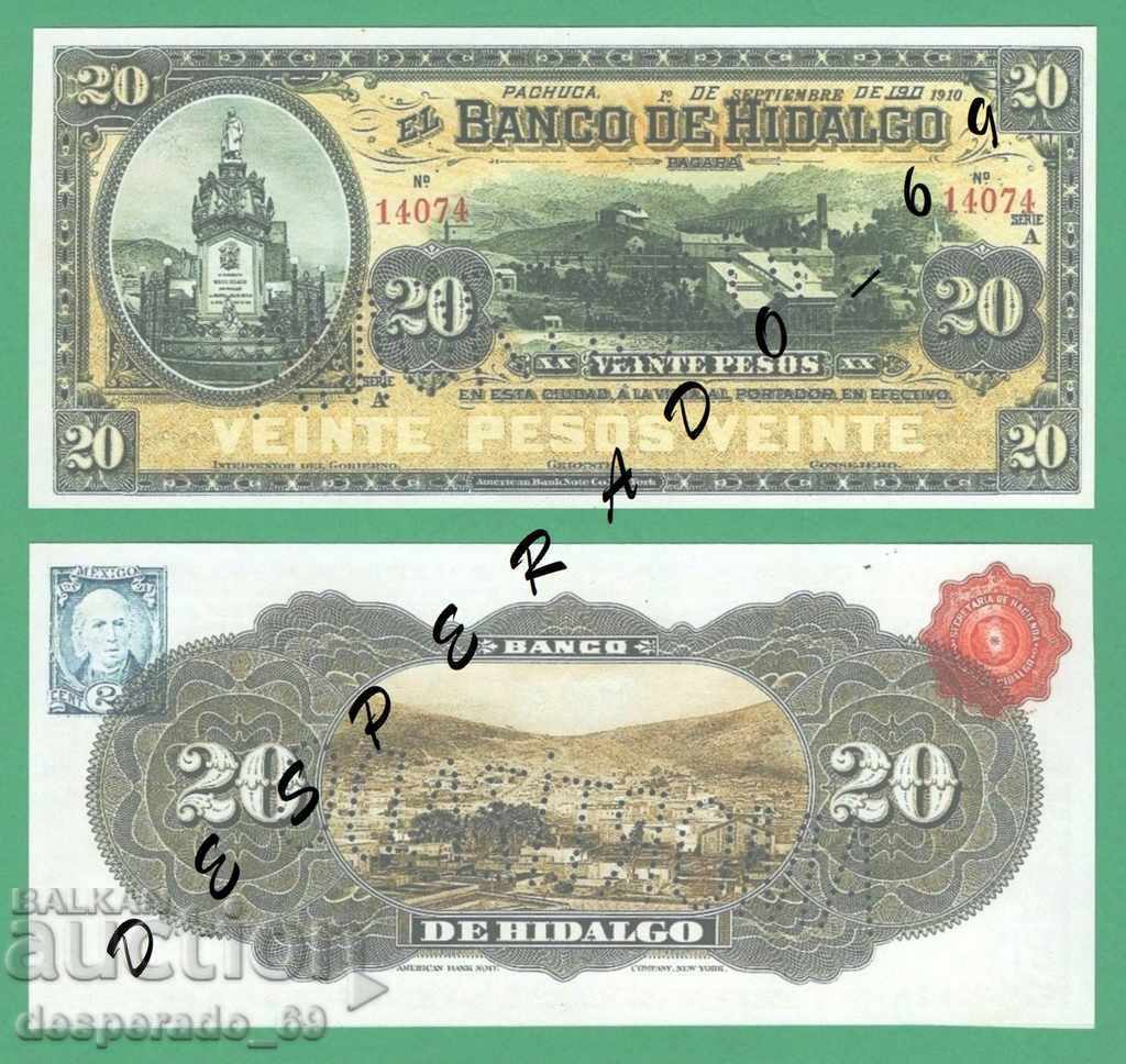 (¯`` • .¸ (Reproduction) MEXICO 20 Pesos 1910 (HIDALGO) UNC