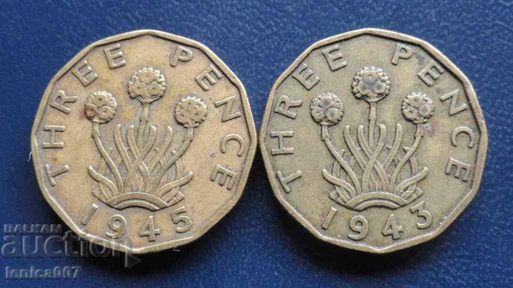 Great Britain 1943-1945 - 3 pence (2 pieces) 1 - 5 Great Britain 1943-1945 - 3 pence (2 pieces) 1 - 5