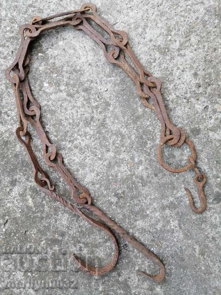 Auction Old forged chain with hook, hearth for hearth chain hook Auction Old forged chain with hook, hearth for hearth chain hook