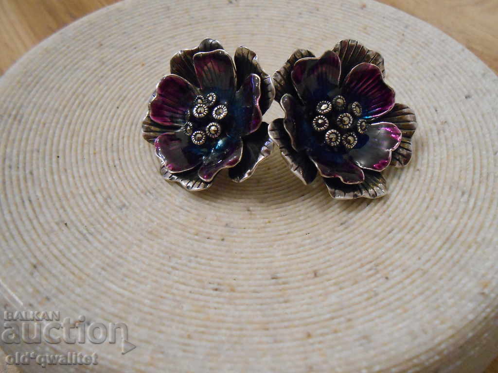 Auction Silver earrings, Silver 925, Enamel, Marcasite, D: approx. 30 mm Auction Silver earrings, Silver 925, Enamel, Marcasite, D: approx. 30 mm