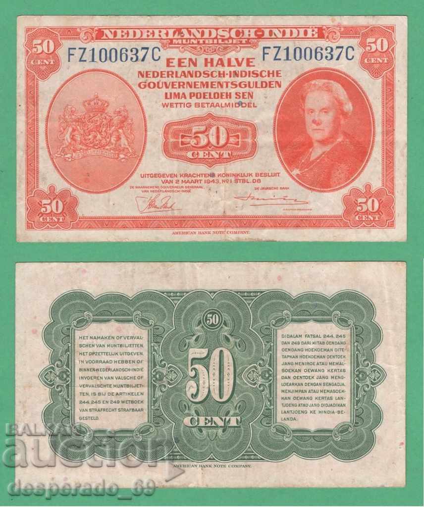 (¯`'•.¸ NETHERLANDS INDIES 50 cents 1943 ¸.•'´¯)