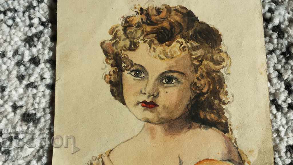 Licitație VECHI Portret al unei fete acuarelă din anii 40 / LILYANA NIKOLOVA