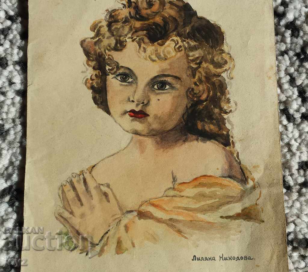 OLD PORTRAIT OF A GIRL 40s watercolor / LILYANA NIKOLOVA