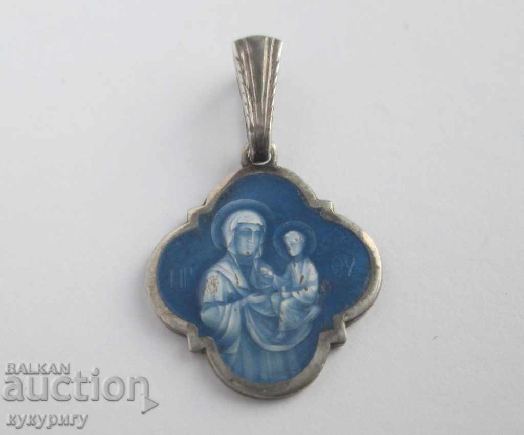 Стар сребърен медальон с емайл иконка Богородица с Младенеца