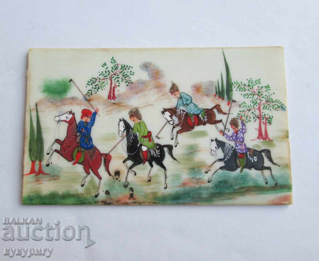 A small drawing painted tile riders game of polo