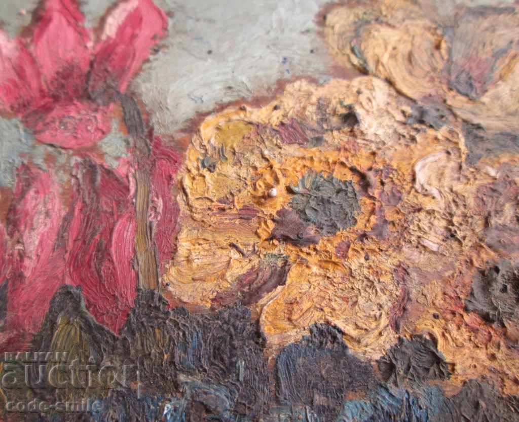 Delivery of Old picture drawing flowers oil on wooden plate Delivery of Old picture drawing flowers oil on wooden plate