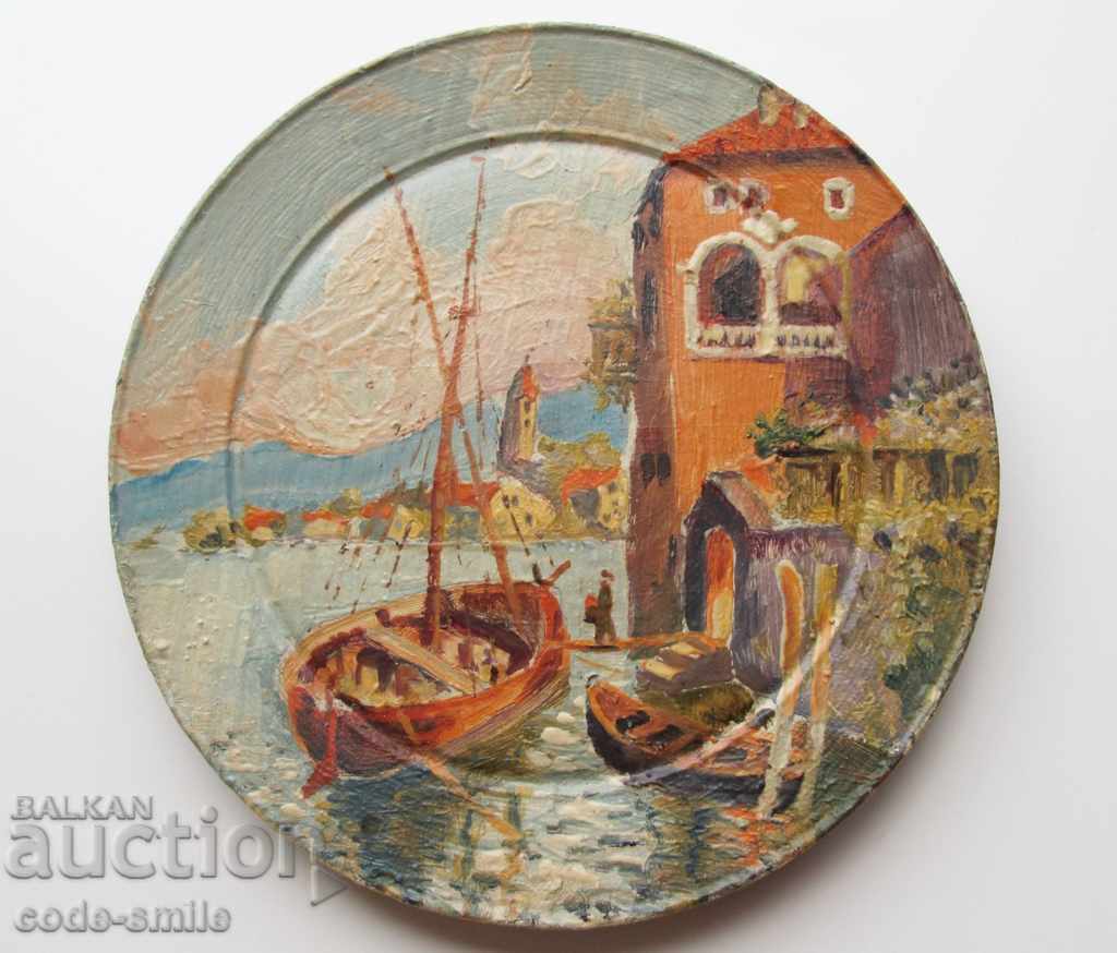 Стара картина рисунка пейзаж Венеция масло в/у дървена чиния
