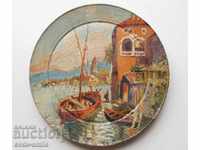 Стара картина рисунка пейзаж Венеция масло в/у дървена чиния