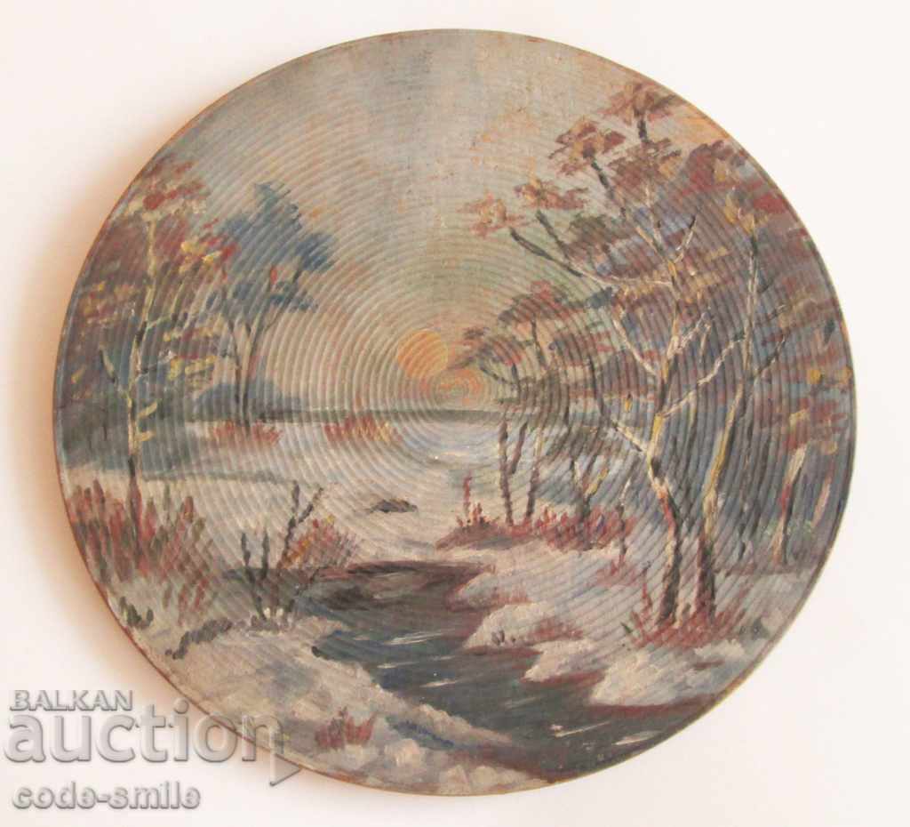 Old picture drawing winter landscape oil on wooden plate