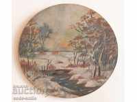 Old picture drawing winter landscape oil on wooden plate