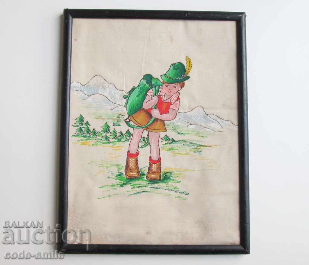 Стара картина детска рисунка планиски пейзаж и малък турист