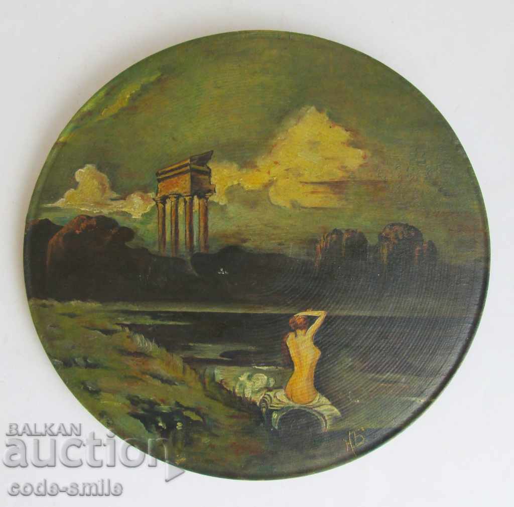 Стара картина рисунка пейзаж еротика масло в/у дървена чиния
