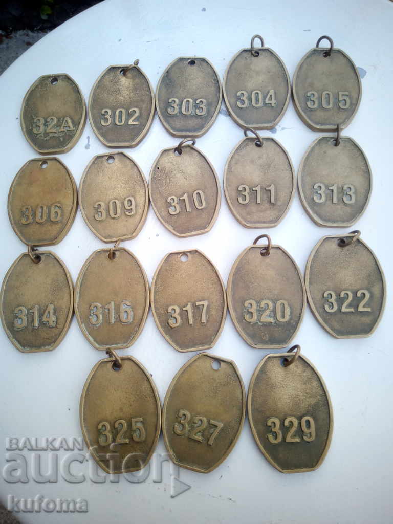Old bronze key chains from hotel 18 pieces