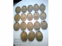 Old bronze key chains from hotel 18 pieces