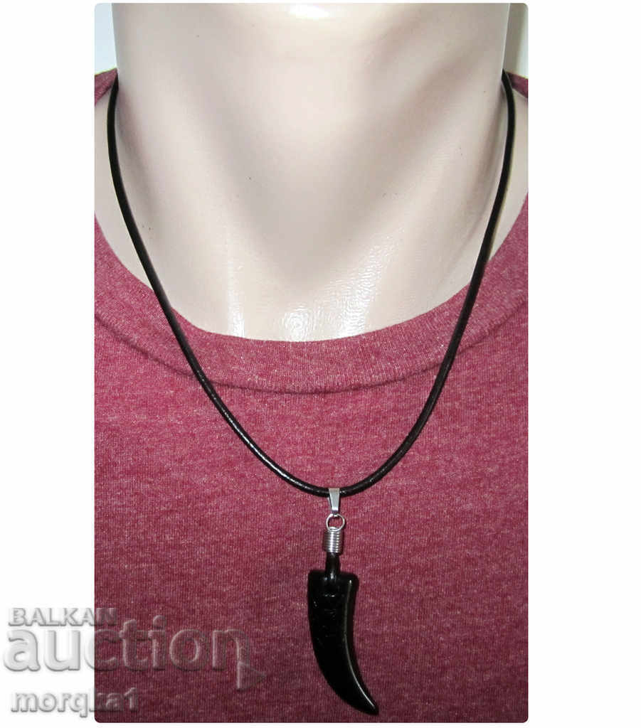 Auction Black horn, tooth on a chain of genuine leather and steel Auction Black horn, tooth on a chain of genuine leather and steel