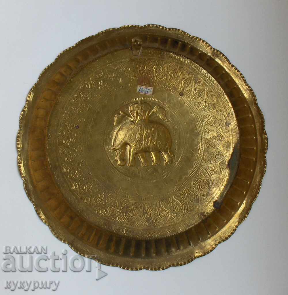 An old forged copper and silver large plate for an elephant wall - 6