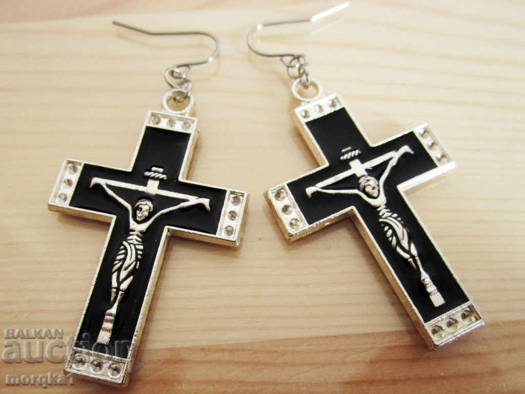 Cercei, cercei, cruce, cruce, crucifixare smalț negru hipoalergenic