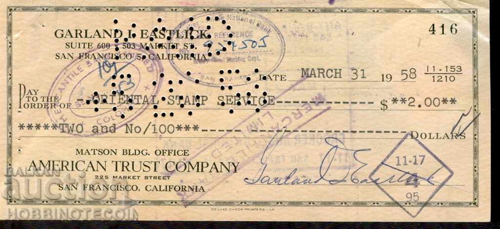 USA USA SAN FRANCISCO - CHECKS CHECK issued 1958 with mark
