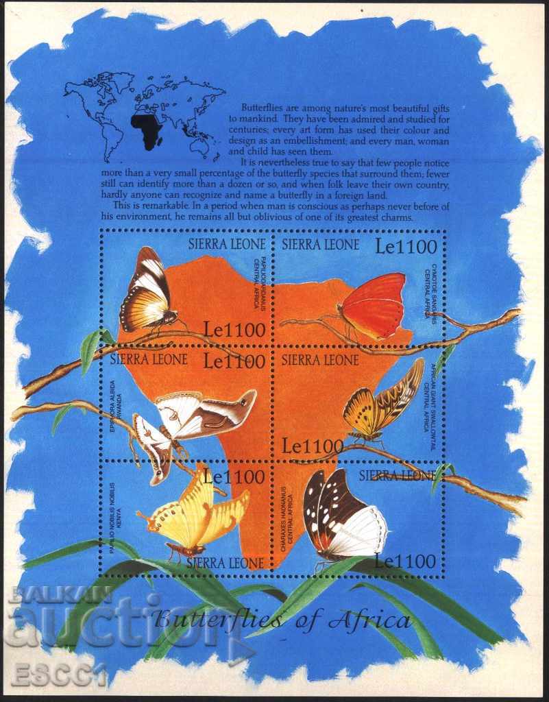Чисти марки в малък лист Фауна Пеперуди 2001 от Сиера Леонe