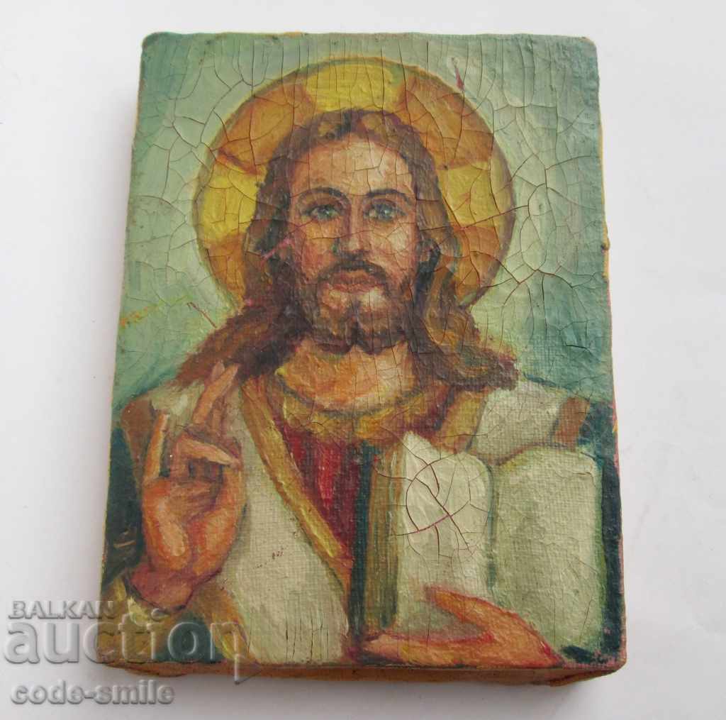 Стара малка рисувана икона иконка Исус Христос