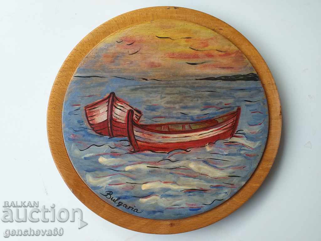 Delivery of Boats painted in oil on a wooden plate for decoration Delivery of Boats painted in oil on a wooden plate for decoration