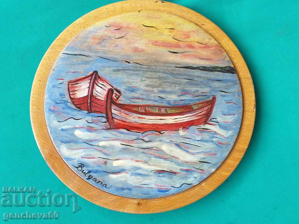 Boats painted in oil on a wooden plate for decoration - 6 Boats painted in oil on a wooden plate for decoration - 6