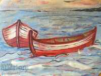 Boats painted in oil on a wooden plate for decoration